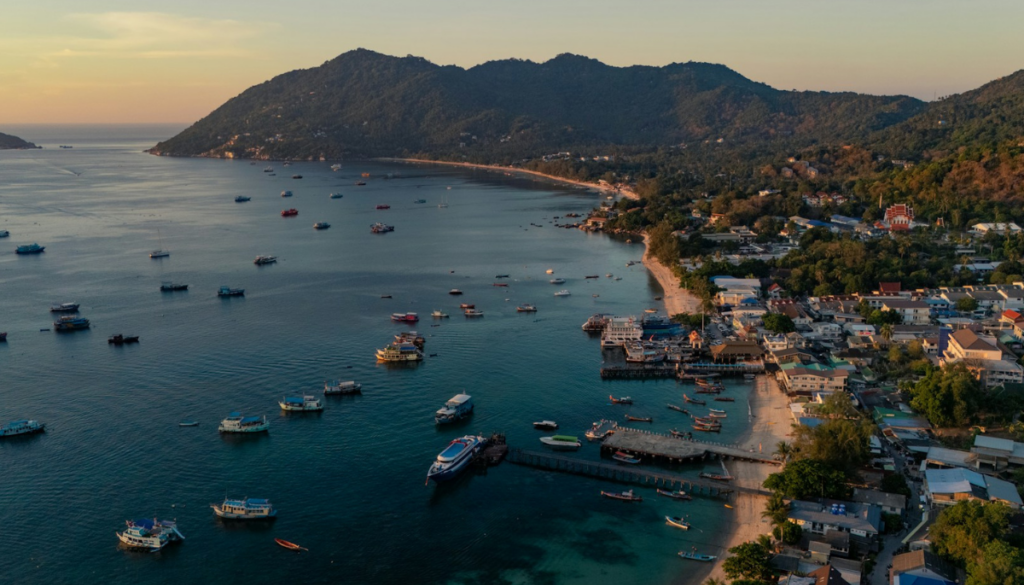 Overhead perspective of a quaint coastal town, highlighting its scenic shoreline and vibrant community.