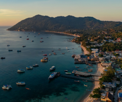 Overhead perspective of a quaint coastal town, highlighting its scenic shoreline and vibrant community.